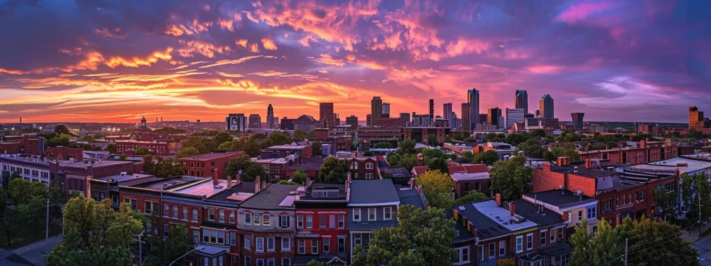 a captivating aerial view of a vibrant st. louis neighborhood showcasing diverse, well-maintained homes under a brilliant sunset sky, symbolizing community and opportunity.
