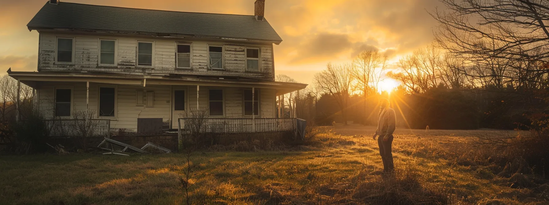 a distressed yet hopeful homeowner stands before a weathered house, symbolizing the search for quick solutions amidst financial hardship, with soft, golden light pouring in from the side, capturing the essence of support and renewal.