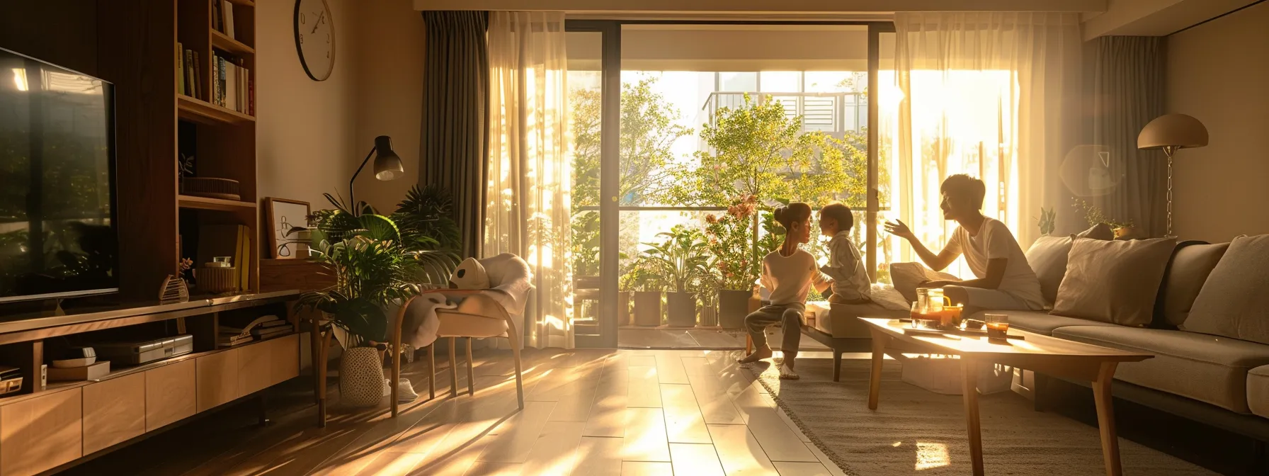 a serene and inviting living room bathed in warm, natural light, showcasing a family joyfully celebrating their seamless transition to a new home, symbolizing ease and newfound opportunities.